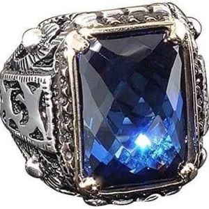 Retro Luxury Brand Huge Blue Rhinestone Jewelry Hollow Carved Finger Ring For